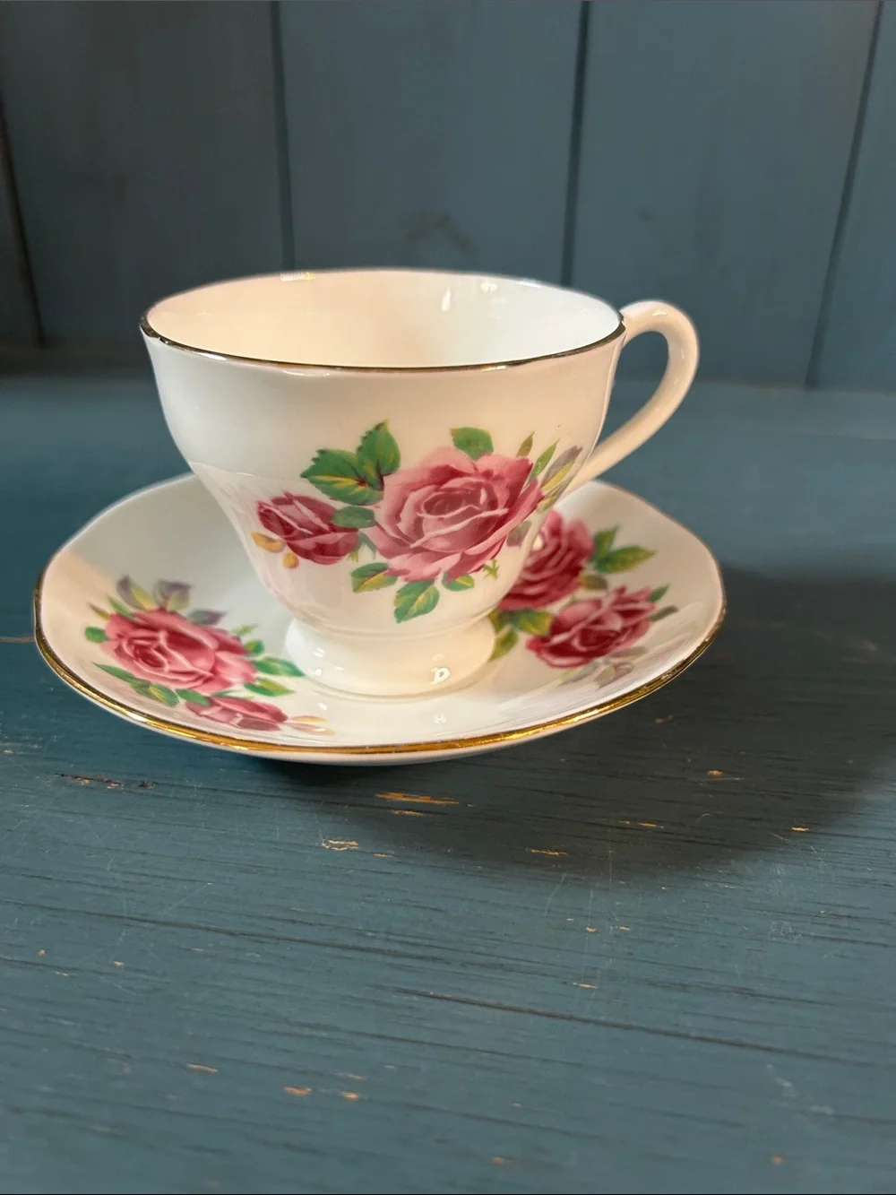 Vintage Royal York Pink Rose Bone China Teacup and Saucer w/Gold Trim - England